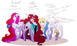 Size: 1940x1176 | Tagged: safe, artist:krissstudios, derpibooru import, oc, oc only, oc:ayame amor, oc:sally lovely, oc:yuko-chan, pegasus, pony, unicorn, 2010, 2017, 2019, blue eyes, chest fluff, clothes, collar, cursive writing, ear piercing, earring, ears back, eyebrows, female, folded wings, golden eyes, heterochromia, horn, jewelry, leonine tail, long mane, long tail, mare, necktie, one eye closed, open mouth, partially open wings, pegasus oc, piercing, raised eyebrow, raised hoof, raised leg, red eyes, scarf, simple background, smiling, spanish, standing, tail, tail fluff, trio, unicorn oc, white background, wings