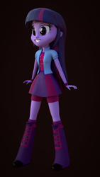 Size: 1080x1920 | Tagged: safe, artist:palmman529, derpibooru import, rainbow dash, twilight sparkle, human, series:humane 6 in rainbow dash's clothes, equestria girls, g4, 3d, boots, clothes, clothes swap, female, rainbow dash's boots, rainbow dash's clothes, rainbow dash's skirt, rainbow dash's socks, recolor, shoes, socks, solo, striped socks