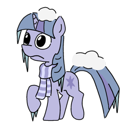 Size: 1080x1080 | Tagged: safe, artist:borgib, derpibooru import, twilight sparkle, unicorn twilight, pony, unicorn, g4, closed mouth, clothes, cold, female, frown, frozen, icicle, mare, puppy dog eyes, raised hoof, raised leg, scarf, simple background, snow, solo, striped scarf, transparent background