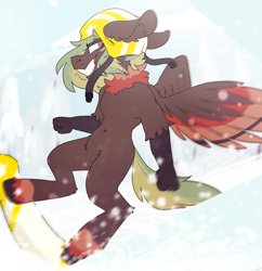 Size: 1456x1504 | Tagged: safe, artist:kirbirb, oc, oc only, oc:terracotta, hippogriff, grabby boi, helmet, hippogriff oc, snow, snowboard, snowboarding, solo, talons, unshorn fetlocks, wings