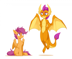 Size: 2124x1735 | Tagged: safe, artist:buvanybu, derpibooru import, scootaloo, smolder, dragon, pegasus, pony, g4, :t, chest fluff, dragoness, duo, duo female, female, looking at each other, looking at someone, midair, partially open wings, simple background, sitting, spread wings, white background, wings