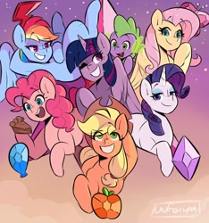 Size: 1718x1832 | Tagged: safe, artist:darkdoubloon, derpibooru import, applejack, fluttershy, pinkie pie, rainbow dash, rarity, spike, twilight sparkle, twilight sparkle (alicorn), alicorn, dragon, earth pony, pegasus, pony, unicorn, g4, applejack's hat, clothes, cowboy hat, element of generosity, element of honesty, element of kindness, element of laughter, element of loyalty, element of magic, elements of harmony, eyeshadow, female, food, freckles, gem, gradient background, hat, lidded eyes, looking at you, makeup, male, mane seven, mane six, one eye closed, open mouth, pie, smiling, smiling at you