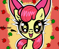 Size: 1200x1000 | Tagged: safe, artist:scandianon, derpibooru import, apple bloom, earth pony, pony, g4, dilated pupils, female, filly, foal, happy, looking at you, open mouth, open smile, smiling, starry eyes, talking to viewer, wingding eyes