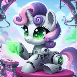 Size: 1024x1024 | Tagged: safe, ai content, derpibooru import, generator:bing image creator, machine learning generated, sweetie belle, sweetie bot, pony, robot, robot pony, unicorn, g4, cute, diasweetes, heart, prompter:pawels, solo