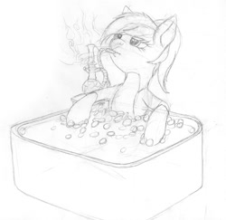 Size: 1235x1200 | Tagged: safe, artist:styroponyworks, derpibooru import, oc, oc only, oc:sunnyside, pony, bits, female, hookah, hot tub, like a boss, monochrome, rich, sketch, smoking, solo