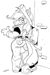 Size: 2102x3164 | Tagged: safe, artist:avengedog, derpibooru import, applejack, anthro, earth pony, g4, applebutt, ass, black and white, boots, brick wall, butt, clothes, cowboy boots, female, gloves, grayscale, high res, lineart, looking at you, looking back, looking back at you, mare, monochrome, mouth hold, shoes, smiling, smiling at you, solo, thumbs up, toothpick