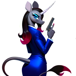 Size: 3072x3072 | Tagged: safe, ai content, derpibooru import, generator:purplesmart.ai, generator:stable diffusion, machine learning generated, oleander, anthro, them's fightin' herds, blue dress, blue eyes, clothes, community related, formal wear, gun, handgun, james bond, leonine tail, m1911, pistol, simple background, solo, spy, suit, tail, trigger discipline, weapon, white background