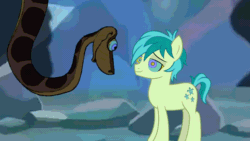 Size: 1280x720 | Tagged: safe, artist:ocean lover, derpibooru import, edit, edited screencap, screencap, sandbar, earth pony, pony, python, snake, g4, season 8, what lies beneath, animated, cute, disney, gif, happy, hypno eyes, hypnosis, hypnotized, kaa, kaa eyes, lidded eyes, looking at each other, looking at someone, male, sandabetes, swirly eyes, the jungle book, tired, two toned mane, underground, vector, vector edit, youtube link