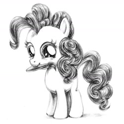 Size: 1724x1714 | Tagged: safe, artist:hunternif, derpibooru import, pinkie pie, earth pony, pony, g4, black and white, female, filly, foal, grayscale, monochrome, mouth hold, paintbrush, simple background, solo, white background