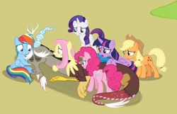 Size: 1116x720 | Tagged: safe, artist:reykatan, derpibooru import, applejack, discord, fluttershy, pinkie pie, rainbow dash, rarity, twilight sparkle, twilight sparkle (alicorn), alicorn, earth pony, pegasus, pony, unicorn, g4, the beginning of the end, butt, crying, female, full friendships magic, mane six, mare, plot