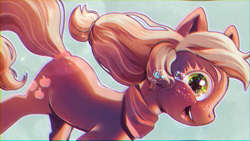 Size: 1280x720 | Tagged: safe, artist:bananitryi, derpibooru import, applejack, earth pony, pony, g4, crying, female, freckles, mare, missing accessory, neckerchief, smiling, solo