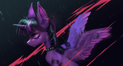 Size: 2047x1109 | Tagged: safe, artist:bananitryi, derpibooru import, twilight sparkle, twilight sparkle (alicorn), alicorn, pony, g4, ear piercing, facial piercing, female, horn, horn ring, lip piercing, mare, nose piercing, nose ring, piercing, ring, solo, spread wings, wing piercing, wing ring, wings