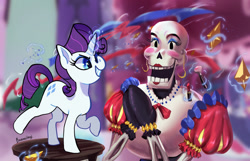 Size: 1280x826 | Tagged: safe, artist:bananitryi, derpibooru import, rarity, pony, unicorn, g4, bone, clothes, crossover, duo, ear piercing, earring, female, fishnet clothing, jewelry, lipstick, magic, makeup, male, mare, papyrus (undertale), piercing, skeleton, telekinesis, undertale