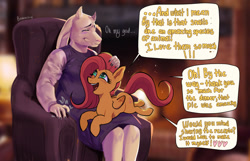 Size: 1280x826 | Tagged: safe, artist:bananitryi, derpibooru import, fluttershy, anthro, goat, pegasus, pony, g4, annoyed, armchair, blushing, chair, clothes, crossover, dialogue, dress, duo, eyes closed, female, impatient, lying down, mare, prone, sitting on lap, sitting on person, speech bubble, toriel, undertale