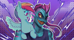 Size: 1280x693 | Tagged: safe, artist:bananitryi, derpibooru import, rainbow dash, anthro, fish, pegasus, pony, g4, clothes, crossover, eyebrow slit, eyebrows, eyepatch, female, fins, mare, sharp teeth, sitting on person, smiling, tanktop, teeth, undertale, undyne