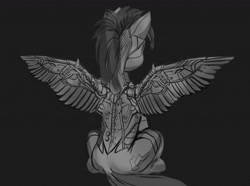 Size: 1280x954 | Tagged: safe, artist:bananitryi, derpibooru import, rainbow dash, pony, robot, robot pony, g4, black and white, female, grayscale, mare, monochrome, rainbot dash, rear view, roboticization, sketch, solo, spread wings, wings