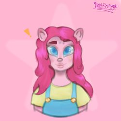 Size: 1280x1280 | Tagged: safe, artist:violetberryyy, derpibooru import, pinkie pie, anthro, human, g4, clothes, female, looking at you, pink background, pony ears, simple background, solo, stars