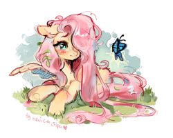 Size: 1812x1452 | Tagged: safe, artist:nevica, derpibooru import, fluttershy, butterfly, pegasus, pony, g4, female, hair over one eye, lying down, mare, prone