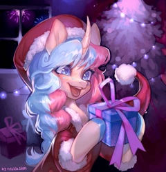 Size: 1227x1280 | Tagged: safe, artist:nevica, derpibooru import, oc, oc only, pony, unicorn, braid, christmas, christmas tree, clothes, costume, curved horn, female, fireworks, hat, holiday, horn, mare, night, present, santa costume, santa hat, solo, tree