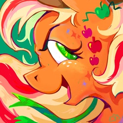 Size: 3000x3000 | Tagged: safe, artist:cracklewink, derpibooru import, applejack, earth pony, pony, g4, alternate hairstyle, applejack's hat, clothes, coat markings, cowboy hat, female, freckles, green background, hat, mare, rainbow power, simple background, solo