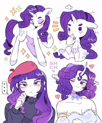 Size: 1536x1851 | Tagged: safe, artist:sharpycharot, derpibooru import, rarity, anthro, human, pony, unicorn, equestria girls, g4, ..., anthro ponidox, beanbrows, beatnik rarity, beauty mark, beret, blush sticker, blushing, choker, closed mouth, clothes, curved horn, dot eyes, dress, ear piercing, earring, ears back, eyebrows, eyes closed, eyeshadow, female, frown, gradient hair, hat, heart, horn, human anthrodox, human ponidox, jewelry, lidded eyes, makeup, mare, nail polish, one eye closed, piercing, raised hoof, raised leg, self paradox, self ponidox, simple background, sitting, smiling, solo, sparkles, strapless, strapless dress, sweater, turtleneck, unshorn fetlocks, white background, wink