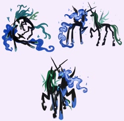 Size: 924x905 | Tagged: safe, artist:trollfuneral, derpibooru import, nightmare moon, queen chrysalis, alicorn, changeling, changeling queen, pony, g4, concave belly, crossed horns, duo, female, helmet, hoof shoes, horn, horns are touching, lesbian, long horn, long legs, mare, peytral, princess shoes, ship:chrysmoon, shipping, simple background, tall, thin