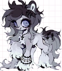Size: 1776x2048 | Tagged: safe, artist:p0nyplanet, derpibooru import, oc, oc only, pony, wolf, wolf pony, abstract background, adoptable, bracelet, chest fluff, crucifix, ear fluff, ears, female, hairclip, jewelry, mare, sharp teeth, solo, teeth, unshorn fetlocks