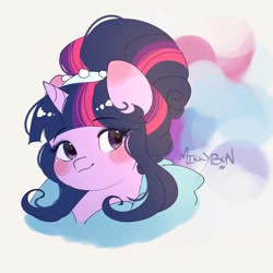 Size: 2048x2048 | Tagged: safe, artist:mikkybun, derpibooru import, twilight sparkle, twilight sparkle (alicorn), alicorn, pony, g4, alternate hairstyle, blush sticker, blushing, bust, cute, female, mare, signature, simple background, solo, twiabetes, white background