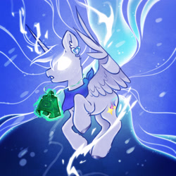 Size: 2700x2700 | Tagged: safe, artist:opalacorn, derpibooru import, oc, oc only, alicorn, pony, bandana, bell, blank eyes, commission, ear fluff, ears, ethereal mane, female, glowing, glowing horn, grogar's bell, high res, horn, mare, solo