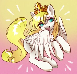 Size: 2700x2618 | Tagged: safe, artist:opalacorn, derpibooru import, oc, oc only, oc:sweet cream, pegasus, pony, crown, emanata, female, gradient background, jewelry, mare, open mouth, open smile, regalia, smiling, solo