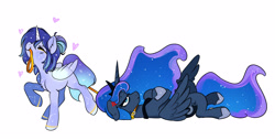 Size: 3961x2019 | Tagged: safe, artist:opalacorn, derpibooru import, princess luna, oc, oc:asteria, alicorn, pony, unicorn, g4, artificial wings, augmented, blushing, collar, commission, constellation, constellation freckles, cross-popping veins, crossed hooves, dragging, duo, ears, emanata, eyes closed, female, floppy ears, freckles, heart, leash, luna is not amused, lying down, magic, magic wings, mare, mouth hold, on back, pet play, prone, pulling, simple background, smiling, sweat, sweatdrop, unamused, white background, wings