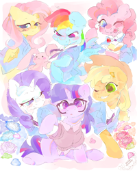 Size: 780x975 | Tagged: safe, artist:noblecrumble, derpibooru import, applejack, fluttershy, pinkie pie, rainbow dash, rarity, twilight sparkle, earth pony, pegasus, pony, unicorn, g4, cake, cake slice, clothes, flower, food, glasses, mane six, outfit, suit, tongue, tongue out