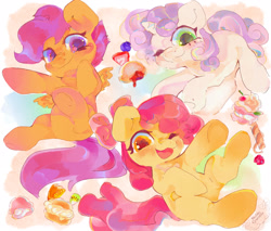 Size: 2048x1743 | Tagged: safe, artist:noblecrumble, derpibooru import, apple bloom, scootaloo, sweetie belle, earth pony, pegasus, pony, unicorn, g4, cutie mark crusaders, dessert, female, filly, foal, food, open mouth