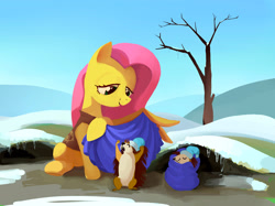 Size: 2732x2048 | Tagged: safe, artist:mandumustbasukanemen, derpibooru import, fluttershy, hedgehog, pegasus, pony, art pack:winter unwrap pack, g4, animal team, blanket, critters, female, hat, high res, hoof hold, icicle, lidded eyes, looking at someone, looking down, mare, nightcap, one wing out, open mouth, open smile, outdoors, scenery, sitting, smiling, snow, solo, tree, wing hold, wings, winter wrap up vest