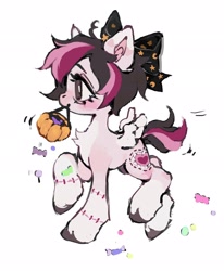 Size: 1688x2048 | Tagged: safe, artist:p0nyplanet, derpibooru import, oc, oc only, oc:oopsie doodle, pegasus, pony, bow, candy, chest fluff, female, food, hair bow, halloween, holiday, mare, pumpkin bucket, simple background, solo, stitches, unshorn fetlocks, white background