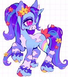 Size: 1815x2047 | Tagged: safe, artist:p0nyplanet, derpibooru import, oc, oc only, earth pony, pony, unicorn, adoptable, body markings, chest fluff, closed mouth, colored ears, colored hooves, colored pinnae, coronet (coat marking), ear fluff, ears, facial markings, female, flower, flower in hair, gradient legs, gradient mane, gradient tail, head turn, horn, magenta eyes, mare, mealy mouth (coat marking), mismatched hooves, ponytail, raised hoof, raised leg, smiling, solo, tail, unicorn oc, unnamed oc, unshorn fetlocks