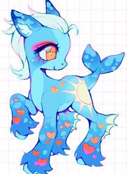 Size: 1492x2048 | Tagged: safe, artist:p0nyplanet, derpibooru import, oc, oc only, original species, pony, abstract background, adoptable, closed mouth, colored hooves, ears back, female, fish tail, gradient ears, gradient legs, head turn, leg fins, mare, orange eyes, pale belly, raised hoof, raised leg, smiling, solo, tail, unnamed oc, unshorn fetlocks