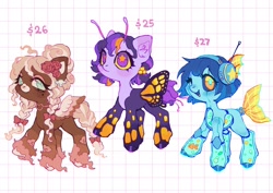 Size: 2048x1450 | Tagged: safe, artist:p0nyplanet, derpibooru import, oc, oc only, butterfly, fish, hybrid, merpony, pegasus, pony, robot, robot pony, abstract background, adoptable, antennae, braid, butterfly pony, butterfly wings, choker, female, fish tank, flower, flower in hair, headphones, mare, one eye closed, trio, unshorn fetlocks, wings, wink