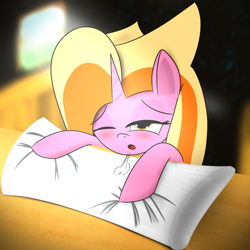 Size: 2048x2048 | Tagged: safe, artist:knife smile, derpibooru import, oc, oc:sunny cove ice lake, unicorn, bedroom eyes, pillow, sigh, window