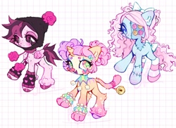 Size: 2048x1494 | Tagged: safe, artist:p0nyplanet, derpibooru import, oc, oc only, original species, pegasus, pony, unicorn, adoptable, bow, button eyes, clothes, clown, clown nose, doll, doll pony, female, hair bow, leg warmers, mare, red nose, stitched body, stitches, tail, tail bow, trio, unshorn fetlocks