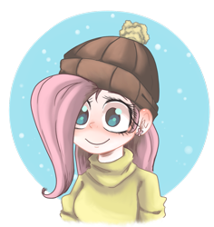 Size: 1195x1264 | Tagged: safe, artist:smirk, derpibooru import, fluttershy, human, g4, abstract background, beanie, blushing, clothes, ear piercing, hat, humanized, piercing, simple background, smiling, snow, solo, sweater