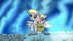 Size: 1920x1080 | Tagged: safe, artist:platinumdrop, derpibooru import, derpy hooves, dinky hooves, g4, aurora borealis, bag, commission, flying, night, saddle bag