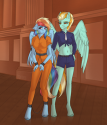 Size: 2400x2800 | Tagged: safe, artist:enderbee, derpibooru import, lightning dust, rainbow dash, anthro, pegasus, unguligrade anthro, g4, belly, belly button, clothes, commissioner:rainbowdash69, cuffed, cuffs, duo, duo female, female, jumpsuit, never doubt rainbowdash69's involvement, police, police officer, prison outfit, prisoner, prisoner rd, suit, wings