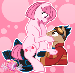 Size: 829x803 | Tagged: safe, artist:guruyunus17, artist:pudgiebases, derpibooru import, oc, oc:annisa trihapsari, earth pony, pony, base used, blushing, clothes, crossover, duo, duo male and female, female, generator rex, goggles, goggles on head, jacket, male, mare, open mouth, pants, pink background, ponified, rex salazar, shirt, simple background, smiling, species swap, watermark