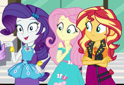 Size: 789x544 | Tagged: safe, derpibooru import, screencap, fluttershy, rarity, sunset shimmer, equestria girls, equestria girls series, g4, text support, bracelet, breasts, bust, cellphone, clothes, cropped, crossed arms, dress, female, finger, hair, hairpin, hand on hip, happy, iphone, jacket, jewelry, leather, open mouth, open smile, phone, pointing, rarity peplum dress, shirt, skirt, smartphone, smiling, teenager, trio, trio female