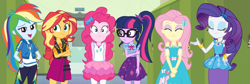 Size: 2223x750 | Tagged: safe, derpibooru import, edit, edited screencap, editor:incredibubbleirishguy, screencap, fluttershy, pinkie pie, rainbow dash, rarity, sci-twi, sunset shimmer, twilight sparkle, better together, equestria girls, g4, holidays unwrapped, arms, blouse, blue eyeshadow, bow, bowtie, bracelet, breasts, bust, clothes, composite screencap, crossed arms, cutie mark on clothes, dress, eyeshadow, female, fingers, fluttershy boho dress, glasses, hair, hand on hip, hands behind back, hoodie, jewelry, leather, leather vest, leggings, lockers, makeup, o come all ye squashful, open mouth, panorama, pink eyeshadow, ponytail, puffy sleeves, rah rah skirt, rarity peplum dress, shirt, skirt, sleeveless, smiling, sweater, talking, tanktop, teenager, vest, wristband