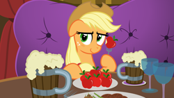Size: 7282x4096 | Tagged: safe, artist:sollace, derpibooru exclusive, derpibooru import, part of a set, applejack, earth pony, pony, series:pov, g4, viva las pegasus, absurd resolution, alcohol, apple, blushing, bronybait, cider, cute, date, dinner, drink, ears, eating, female, floppy ears, food, fork, hat, las pegasus, looking at you, offscreen character, pov, restrained, show accurate, vector, wine, wrong eye color