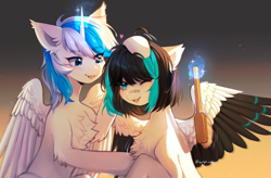Size: 4359x2857 | Tagged: safe, artist:tyutya, derpibooru import, oc, oc only, alicorn, pegasus, pony, brush, chest fluff, colored wings, ear fluff, ears, female, heart, magic, mare, one eye closed, patch, patting, scratches, spread wings, wings, wink