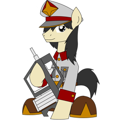 Size: 1600x1600 | Tagged: safe, artist:efpony, derpibooru import, oc, oc only, oc:efpony, earth pony, pony, 2024 community collab, clothes, derpibooru community collaboration, male, simple background, sitting, smiling, solo, transparent background, uniform, weapon