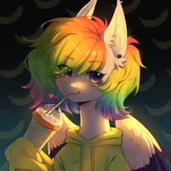 Size: 2524x2523 | Tagged: safe, artist:tyutya, derpibooru import, oc, pegasus, pony, banana, clothes, cup, drink, ear fluff, ear piercing, earring, ears, female, folded wings, food, freckles, heart, jewelry, mare, multicolored hair, piercing, rainbow hair, smoothie, solo, wings